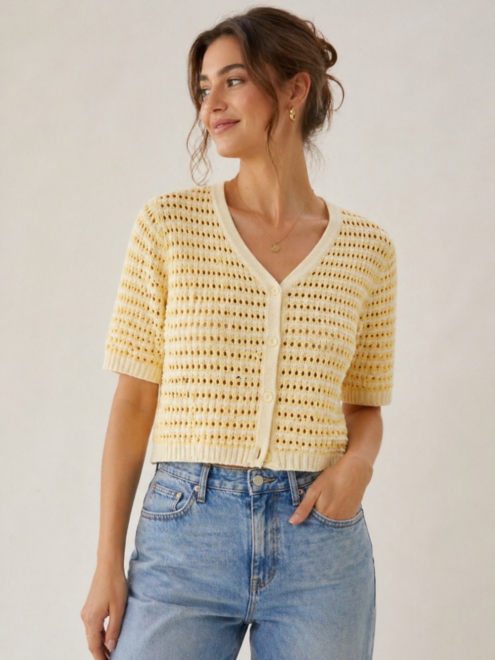 Christopher & Banks Yellow Knit Short Sleeve Cardigan Size L